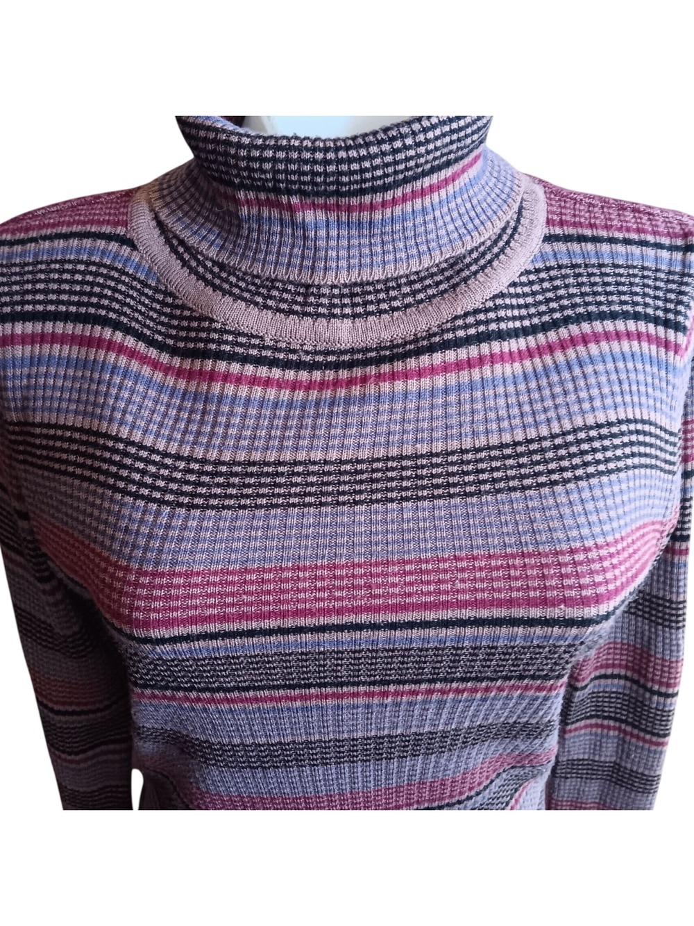 Vintage Sweater Top Striped Turtleneck Medium True Ribbed Knit Womens 70's Boho